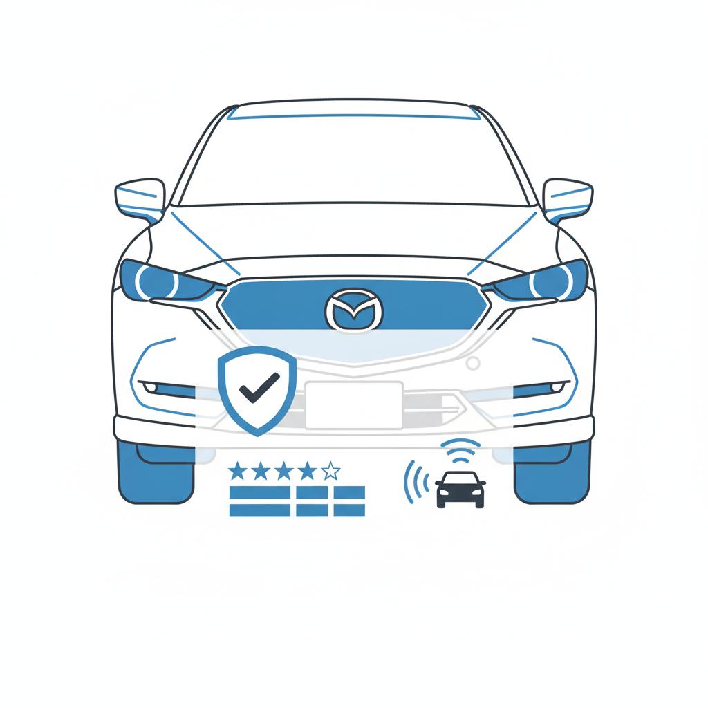 Minimalist 2D vector close up of mazda cx 5 for sale front grille and driver assist sensors with simplified safety rating icons inspired by IIHS and NHTSA on white background