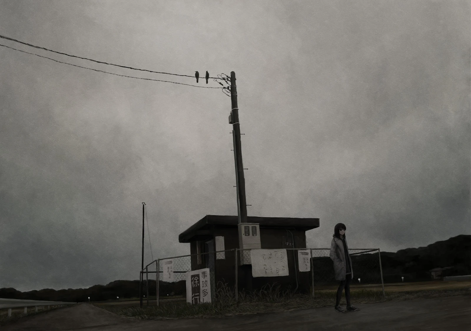 Lonely Girl Under Gloomy Sky - Moody Digital Illustration 4K Wallpaper (4093x2872)