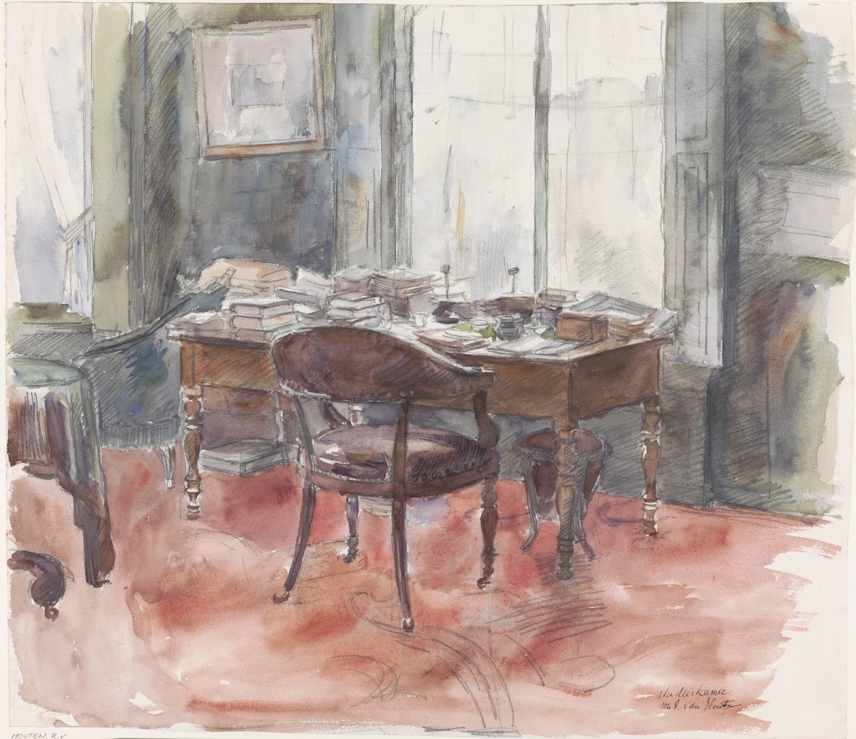 Het bureau in de studeerkamer van meneer S van Houten in het huis aan de Riouwst