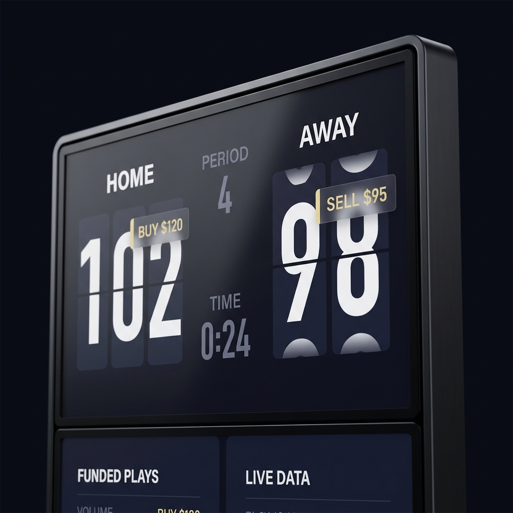 Minimalist close up scoreboard showing changing point totals with subtle buy and sell price tags in Funded Plays brand colors for six nations betting
