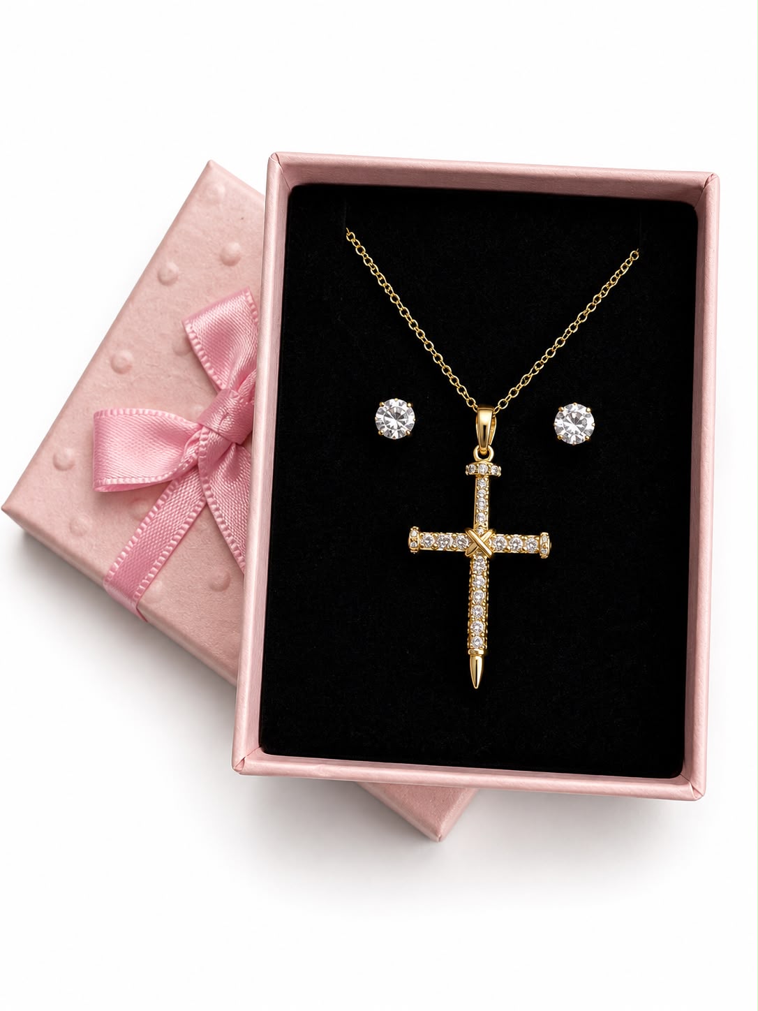 Set De Collar Cruz Con Circones Y Aretes Punto De Luz