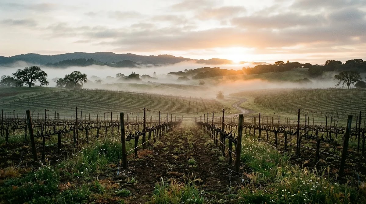 Sonoma wine guide featuring fog rolling across Sonoma County vineyards at sunrise