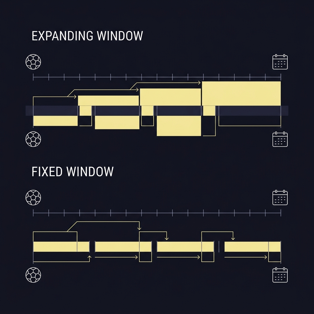 How to Avoid Overfitting a Sports Model 2D vector schematic of rolling origin cross validation showing expanding and fixed windows with minimalist ball and calendar icons on dark Funded Plays palette