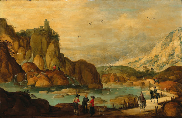 A rocky landscape with travellers on horseback near a stream