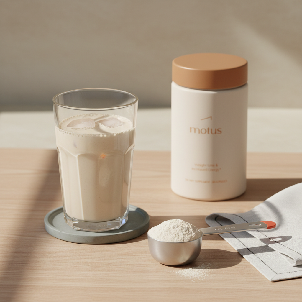 Minimalist morning scene with a Tonum supplement jar in soft background and a focused glass protein shake with scoop on a wooden table, illustrating best time to drink protein powder.