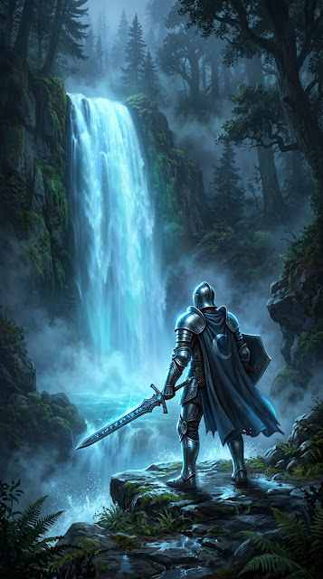 Knight in Shining Armor Before a Glowing Blue Waterfall - Free mobile Wallpaper