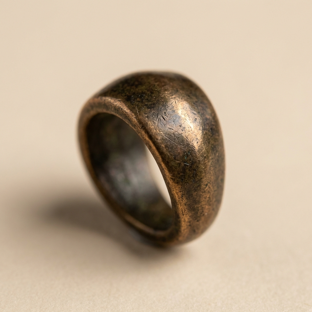 Macro shot of medieval pendant suspension loop with visible wear patina and smoothed edges on warm antiqued bronze against a soft beige Aurora Antiqua background