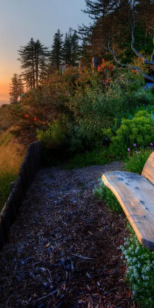 Coastal View, Garden Bench, Sunset Landscape, Scenic Overlook 4K Wallpaper Background