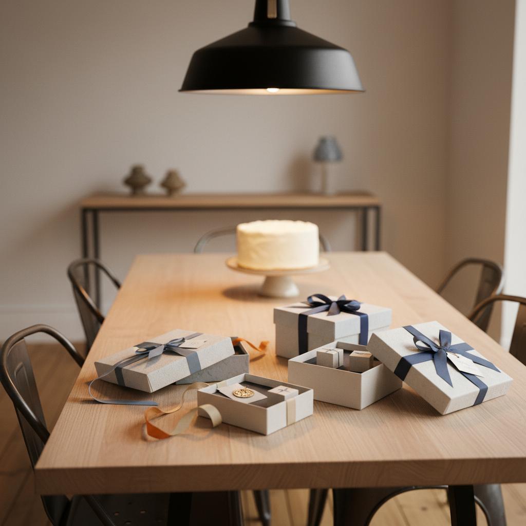 Esstisch mit originelle geschenke zum 40. geburtstag mann: kleine Geschenkboxen mit Metallanhängern, schlichte Vanilletorte im Hintergrund, warmes Licht, minimalistischer industrieller Stil