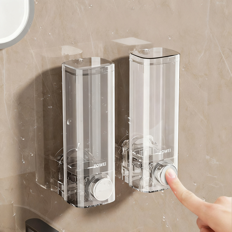 Wall soap dispenser, self-adhesive, pump
