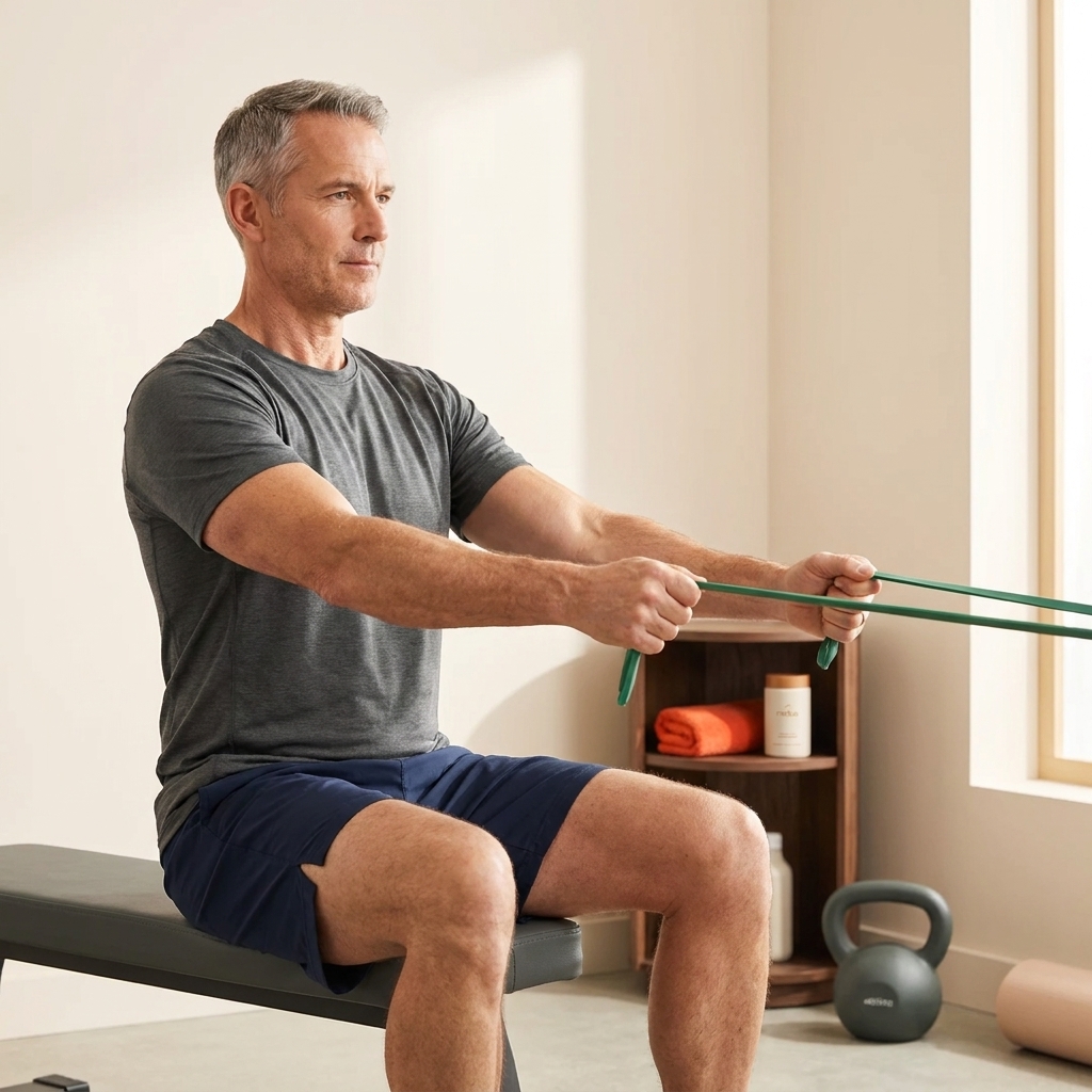 Man in his early 50s performing a resistance-band row in a bright minimalist home gym with a Tonum supplement container on a shelf in soft focus, illustrating exercise after 40 to boost metabolism.
