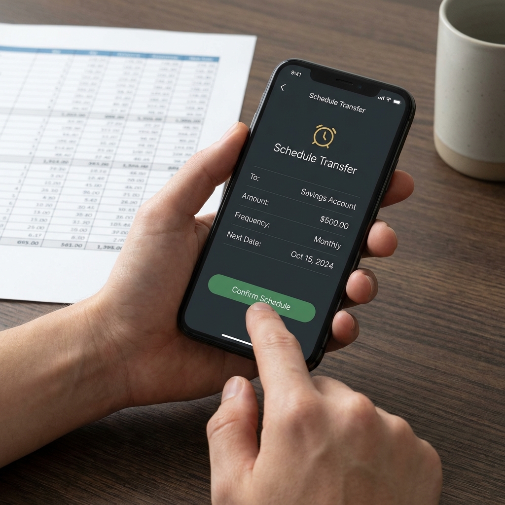 Close up of hands scheduling an automatic bank transfer on a smartphone with a simple spreadsheet visible in the background for first time investment