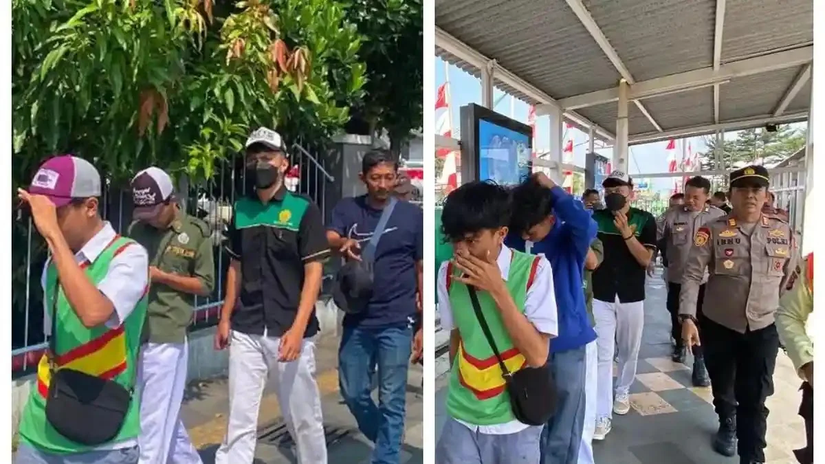Petugas Satgas Pelajar dan kepolisian mengamankan lima pelajar SMK asal Sukabumi di Stasiun Bogor.