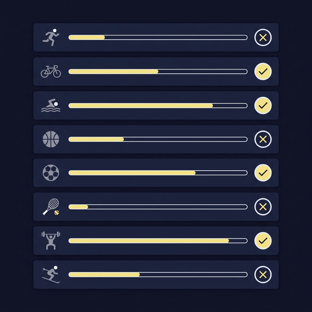 How Sports Trading Platforms Evaluate Performance minimalist vector infographic of a vertical list of events with horizontal probability bars and geometric outcome markers on a dark Funded Plays background