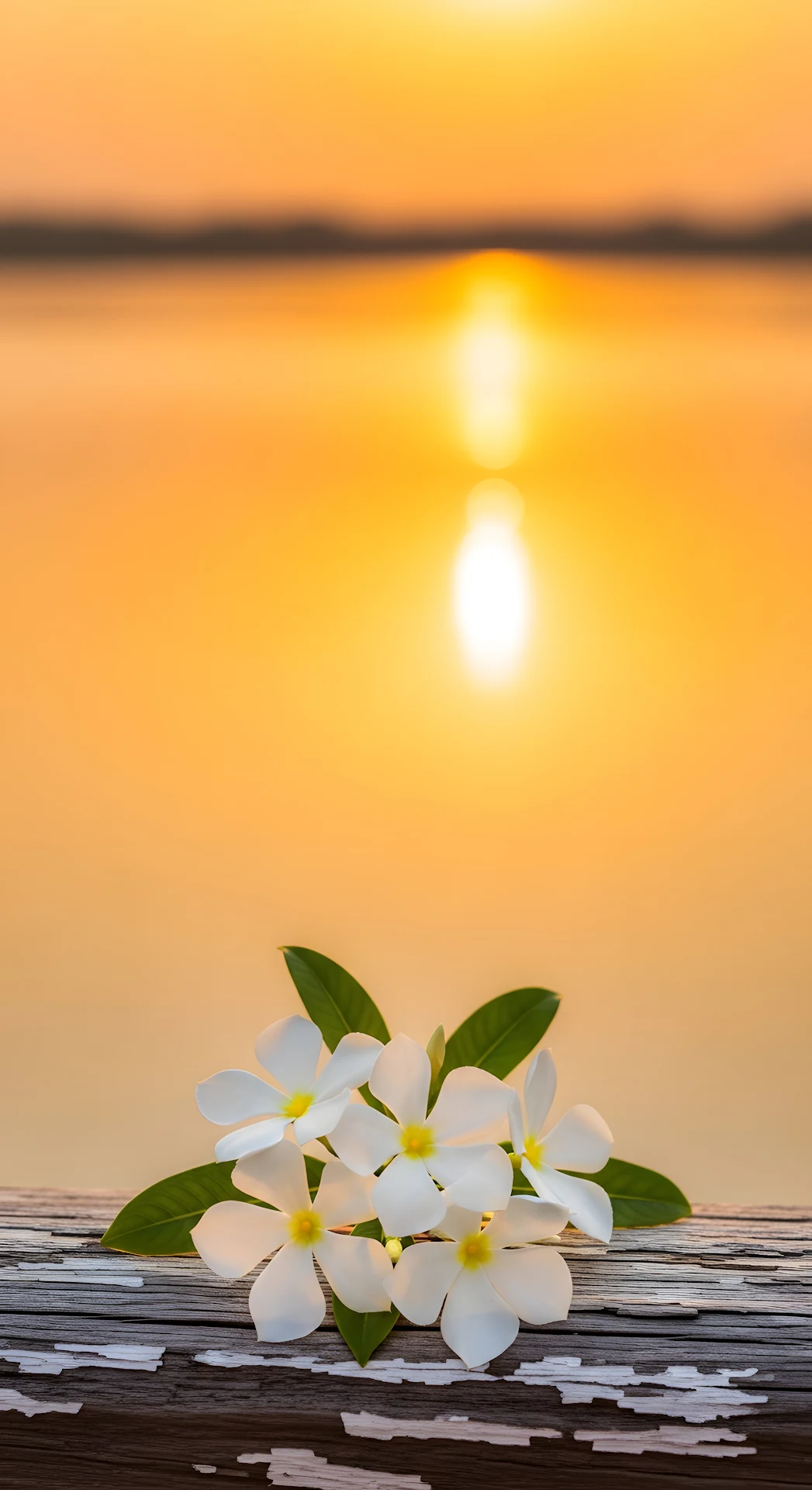 White Wildflowers on Wood Railing with Golden Sunset River Bokeh Background - Free 4K mobile Wallpaper