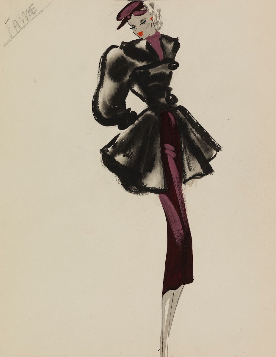 Manteau noir cintré à manches amples sur robe violette 1938