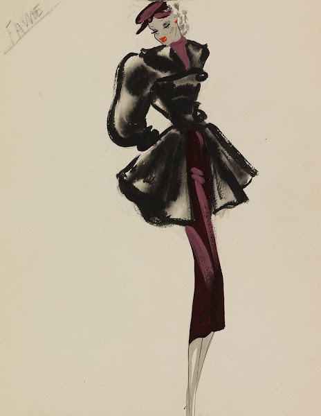 Manteau noir cintré à manches amples sur robe violette 1938