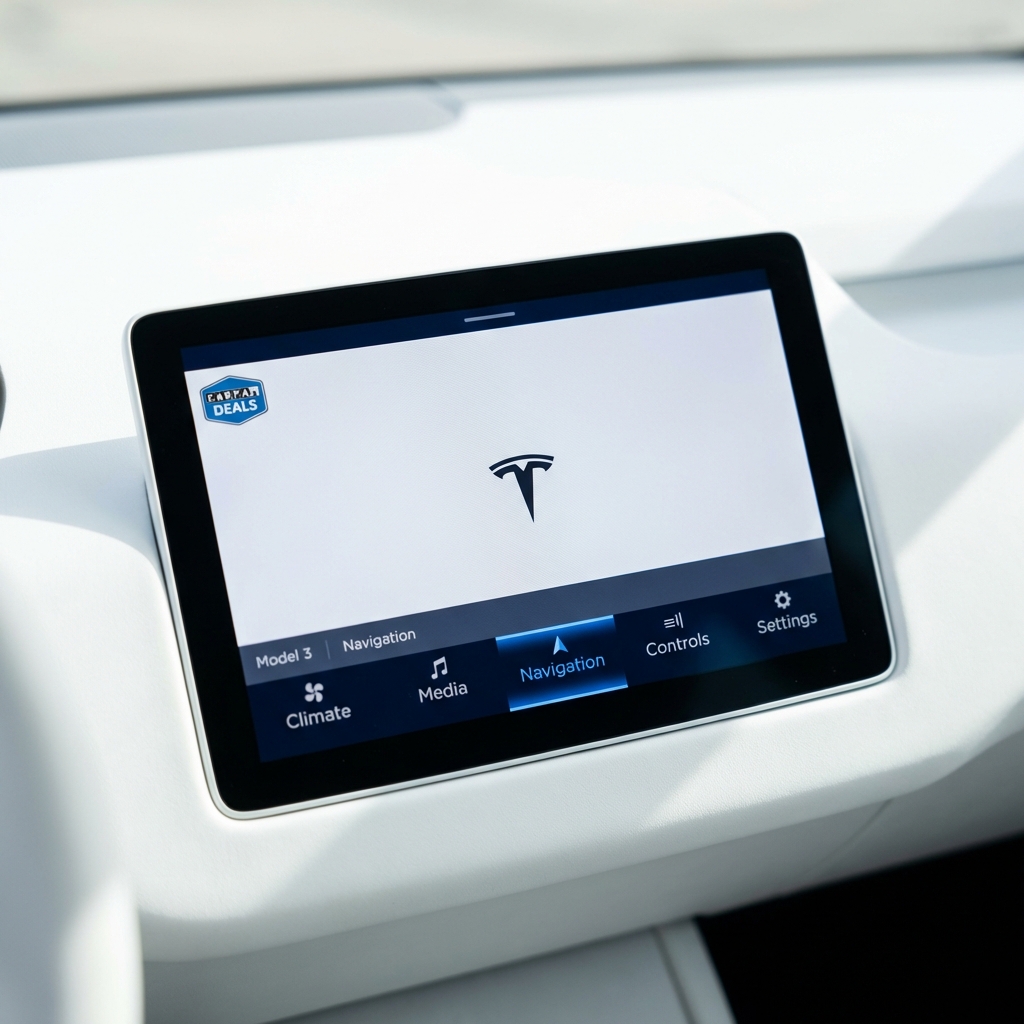 Close up Tesla Model 3 touchscreen showing boot sequence and system menus in a clean white interior CarFax Deals style tesla 3 for sale