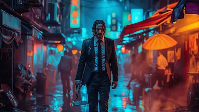 Ai Art, Illustration, City, Neon, John Wick  5K Wallpaper Background