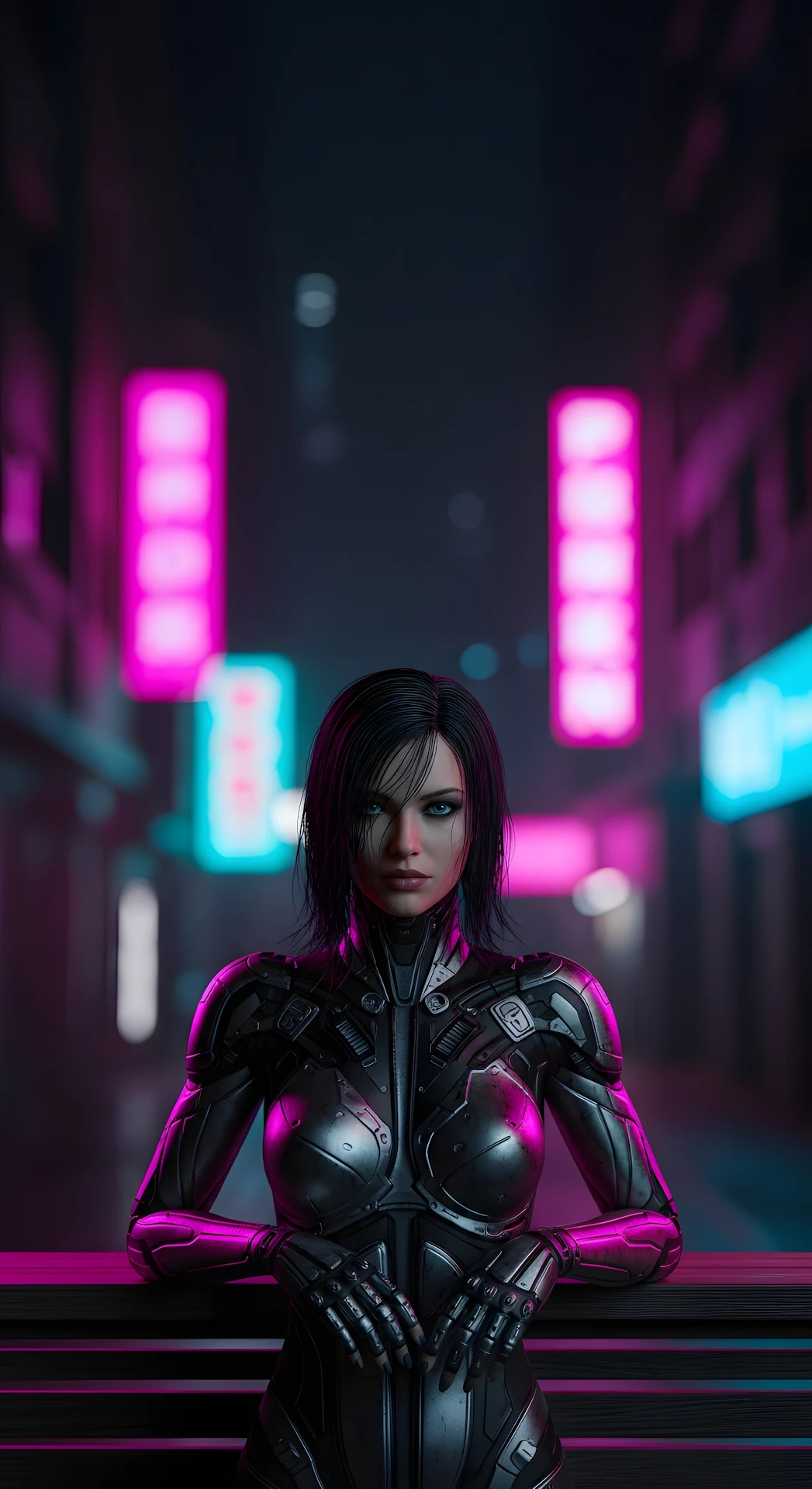 Dark Cyberpunk Woman Body Armor Neon City Dystopia - Free 4K mobile Wallpaper