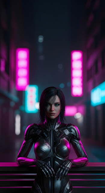 Dark Cyberpunk Woman Body Armor Neon City Dystopia - Free mobile Wallpaper