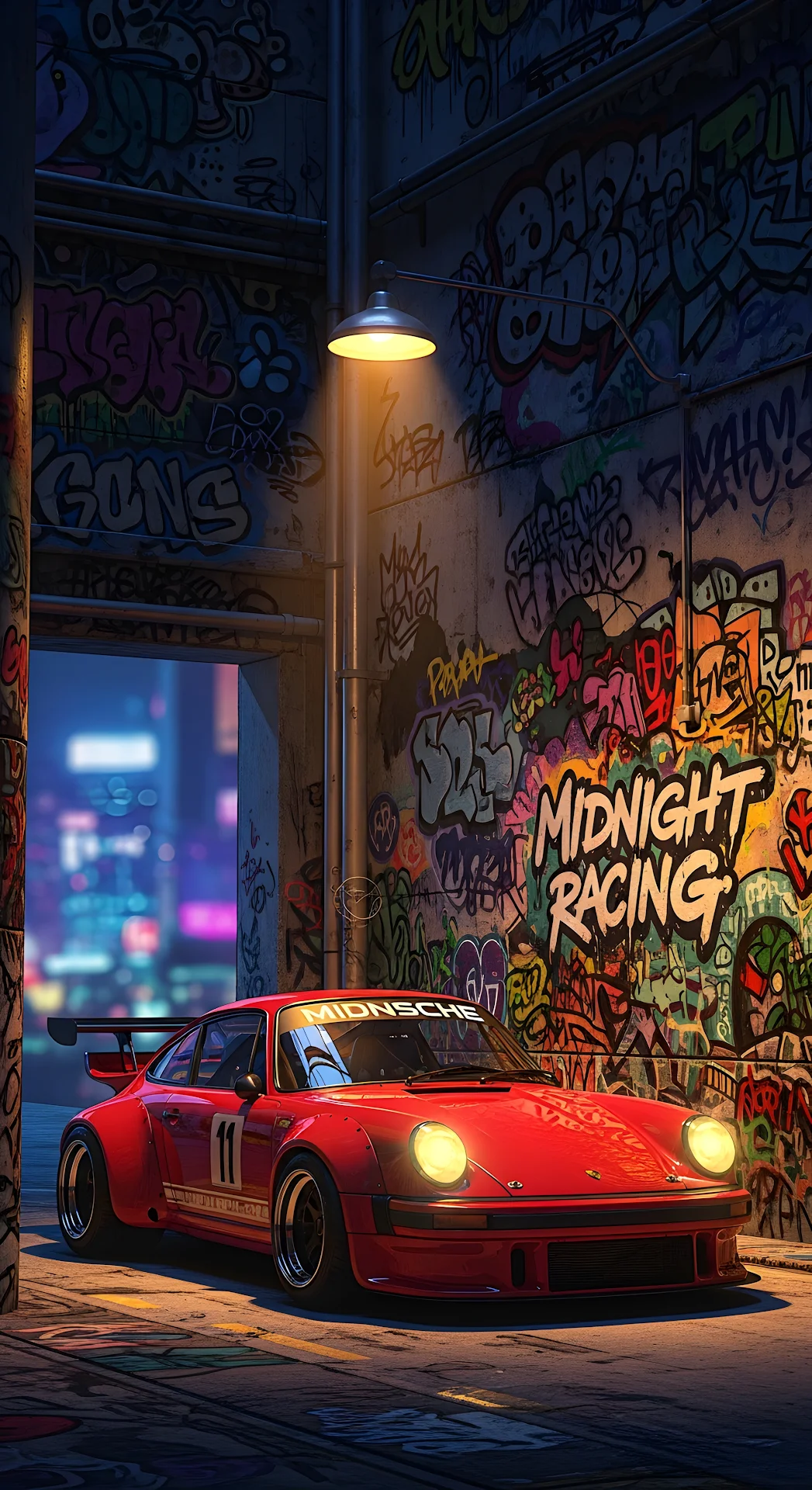 Red Classic Porsche Race Car Parked in Graffiti Alley at Night - Free 4K mobile Wallpaper