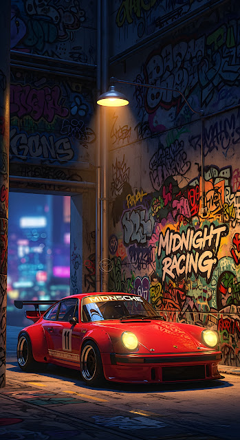 Red Classic Porsche Race Car Parked in Graffiti Alley at Night - Free mobile Wallpaper