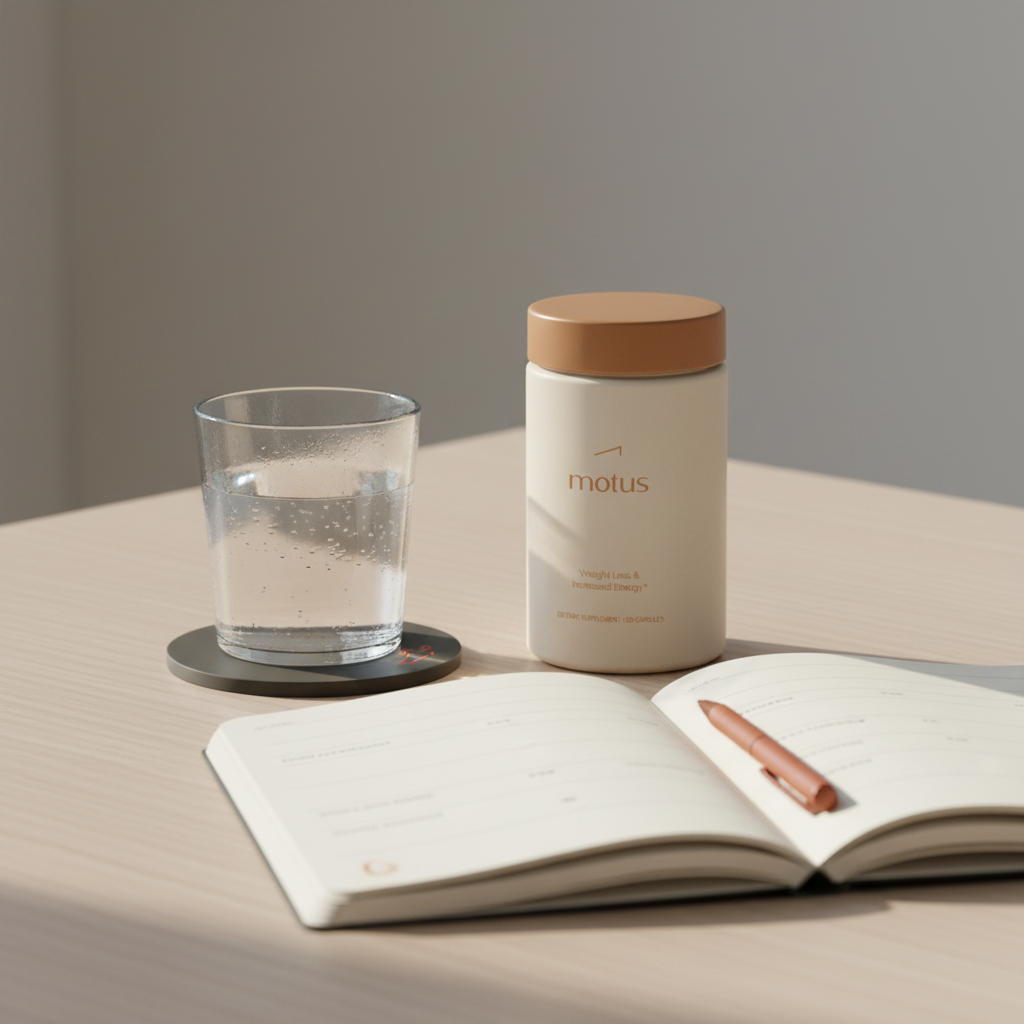 Minimalist lifestyle shot of the Nouro supplement bottle on a wooden table with notebook and glass of water, illustrating the best supplement for brain fog and a daily routine.