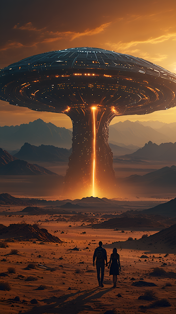 Giant UFO Landing Desert Sunset Couple Silhouette - Free mobile Wallpaper