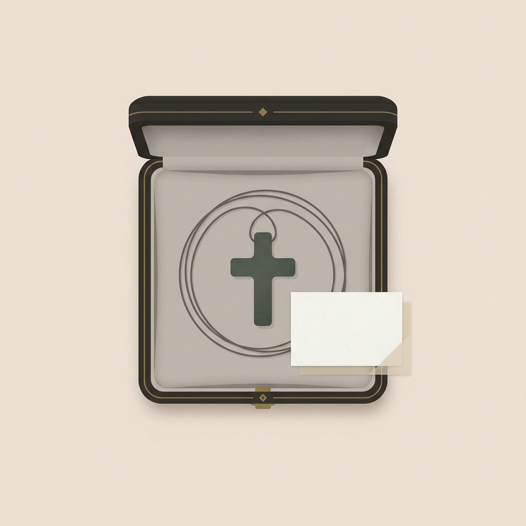 Minimalist vector of a roman glass cross necklace in a padded jewelry box beside a blank provenance card and archival papers on a warm neutral background