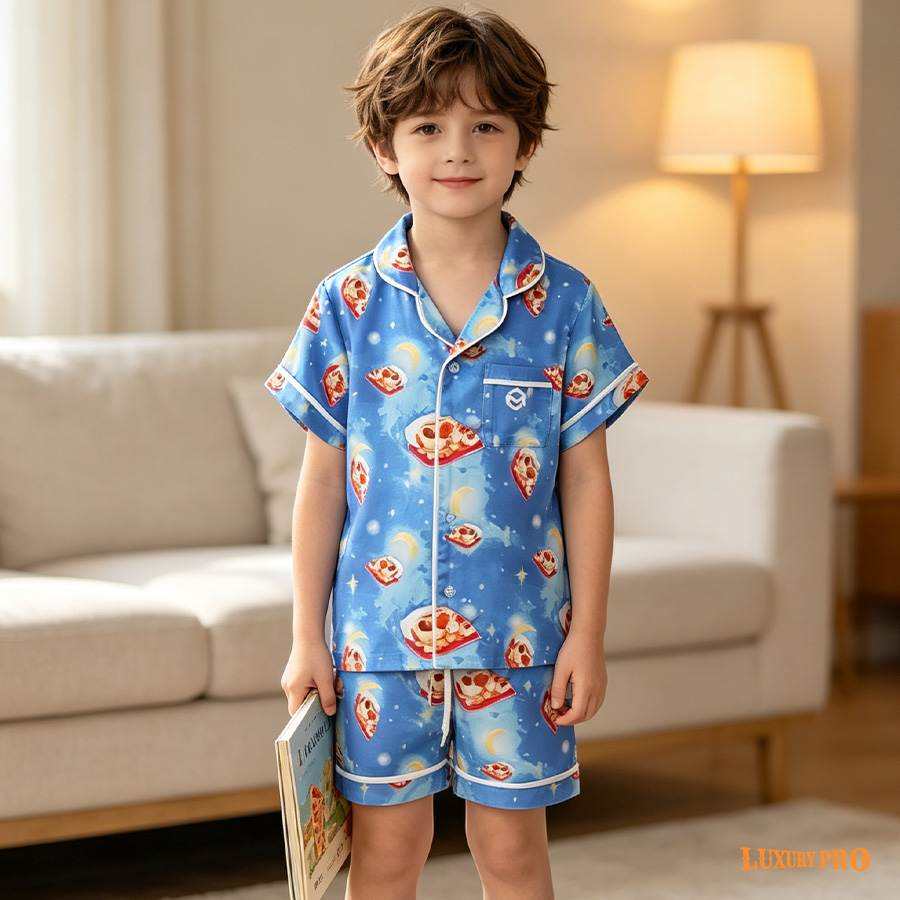 AOP KHU Children's Bordered Short Sleeve Shirt and Pajama Set - No Drawstring