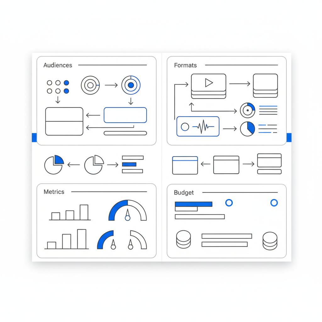 Minimal 2D vector overhead planning board with sticky-note style sketches showing audiences, formats, metrics and budget visualized with icons and diagrams in brand colors for TikTok ads.