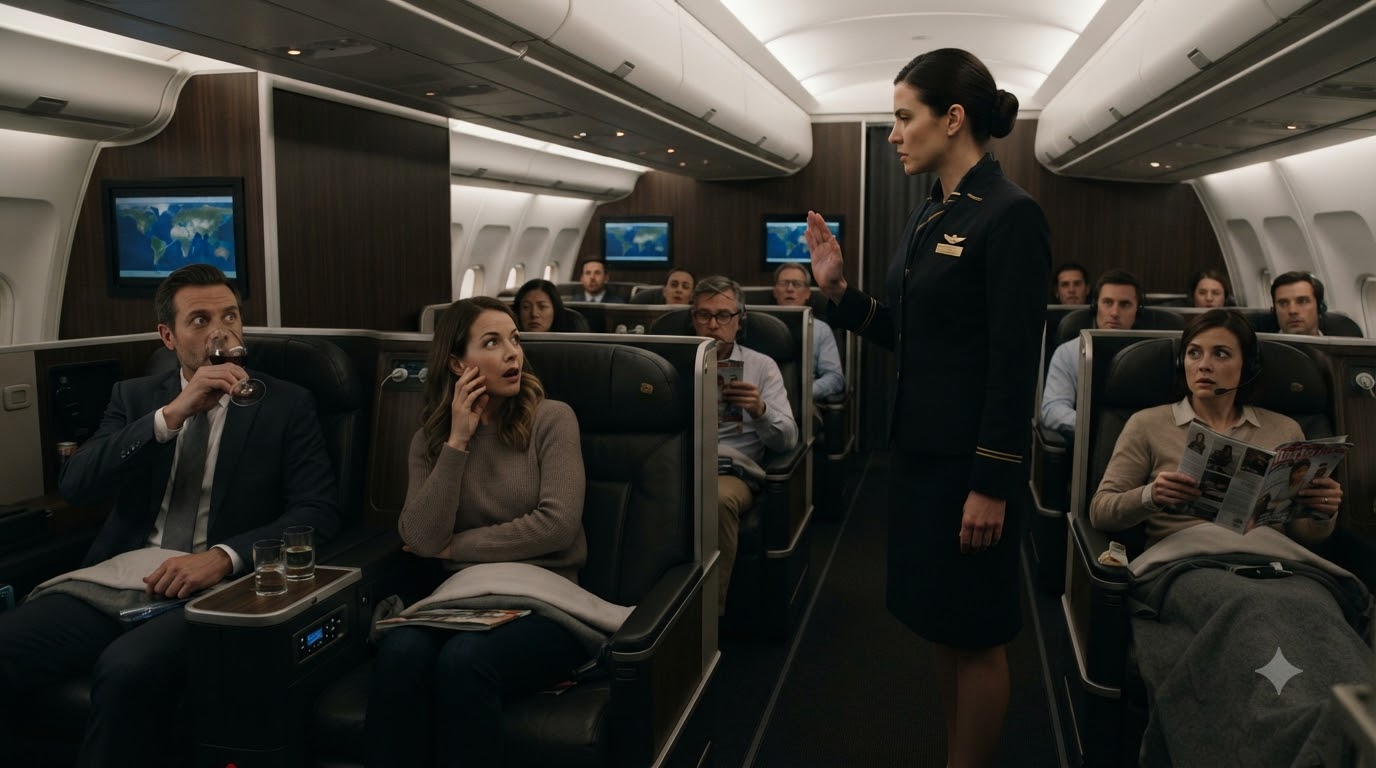 The Command Cut Through First Class So Sharply That Even The Passengers Nearest The Aisle Stopped Moving.