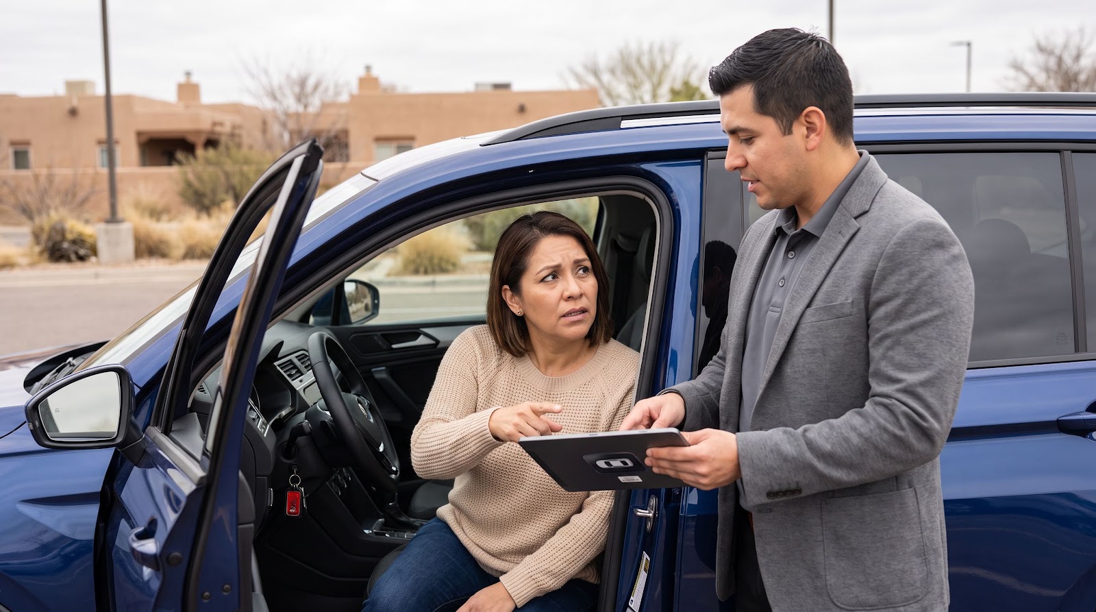 Hispanic woman reviewing texas uninsured student driver accident insurance coverage with an agent beside a blue SUV