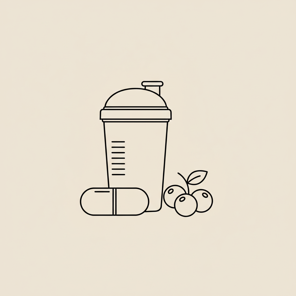 Minimal line illustration of a shaker bottle, small capsule silhouette, and berry cluster on beige background representing protein shakes for weight loss