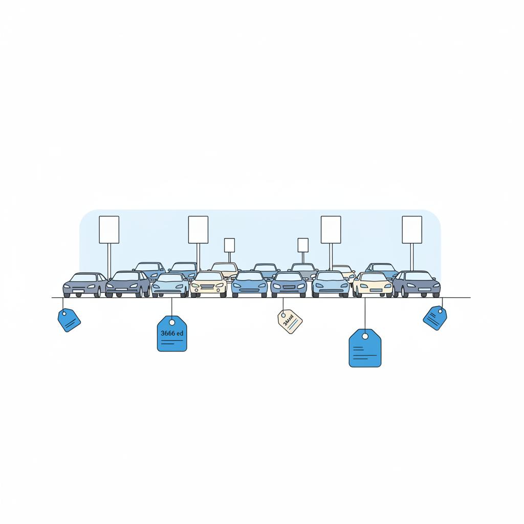 Minimalist 2D vector dealership lot with several used cars blank rounded price tags highlighted in blue conveying car value estimator concept