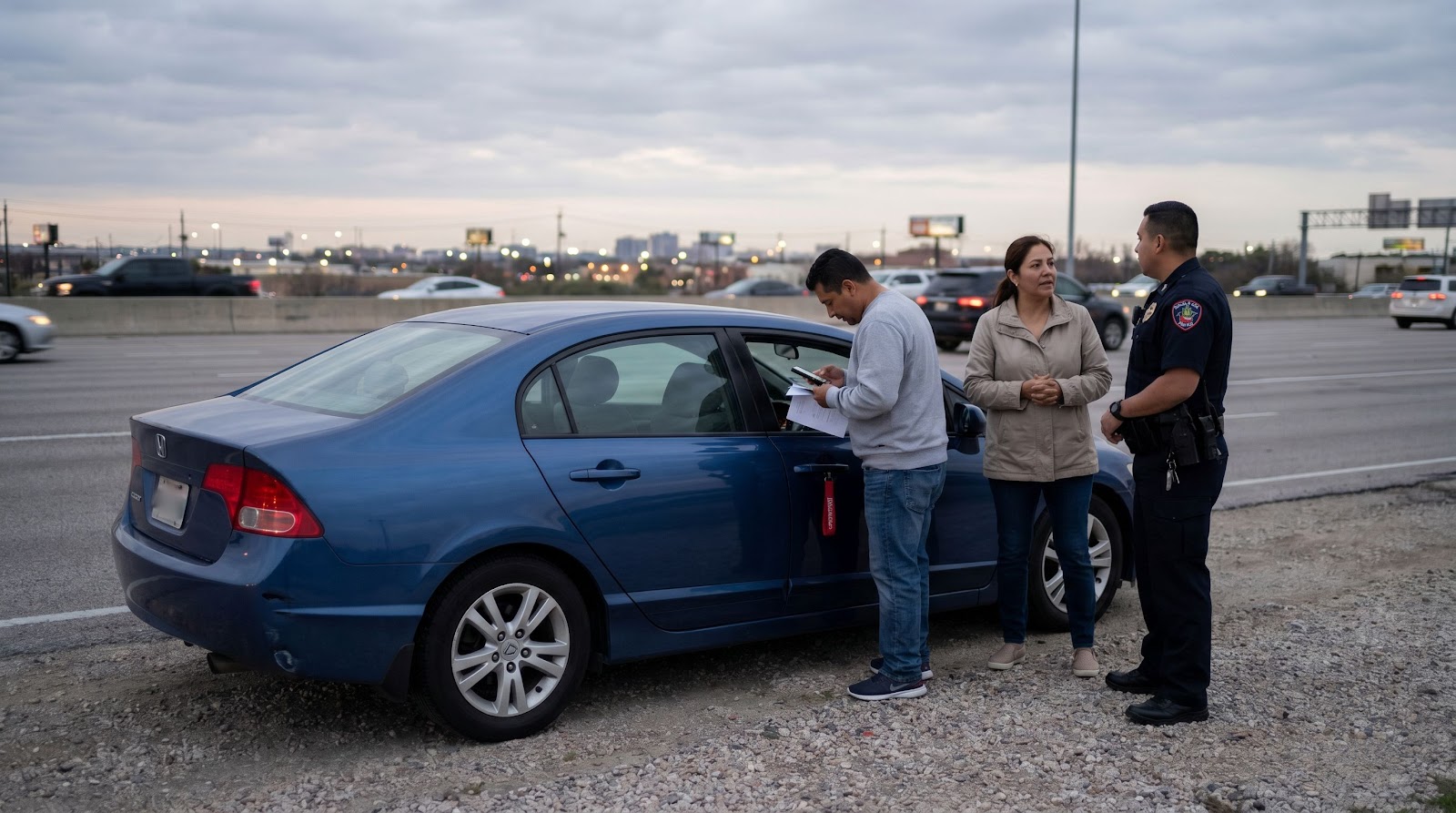 Pareja hispana revisa documentos tras un choque en carretera relacionado con seguro auto viaje 4 julio texas