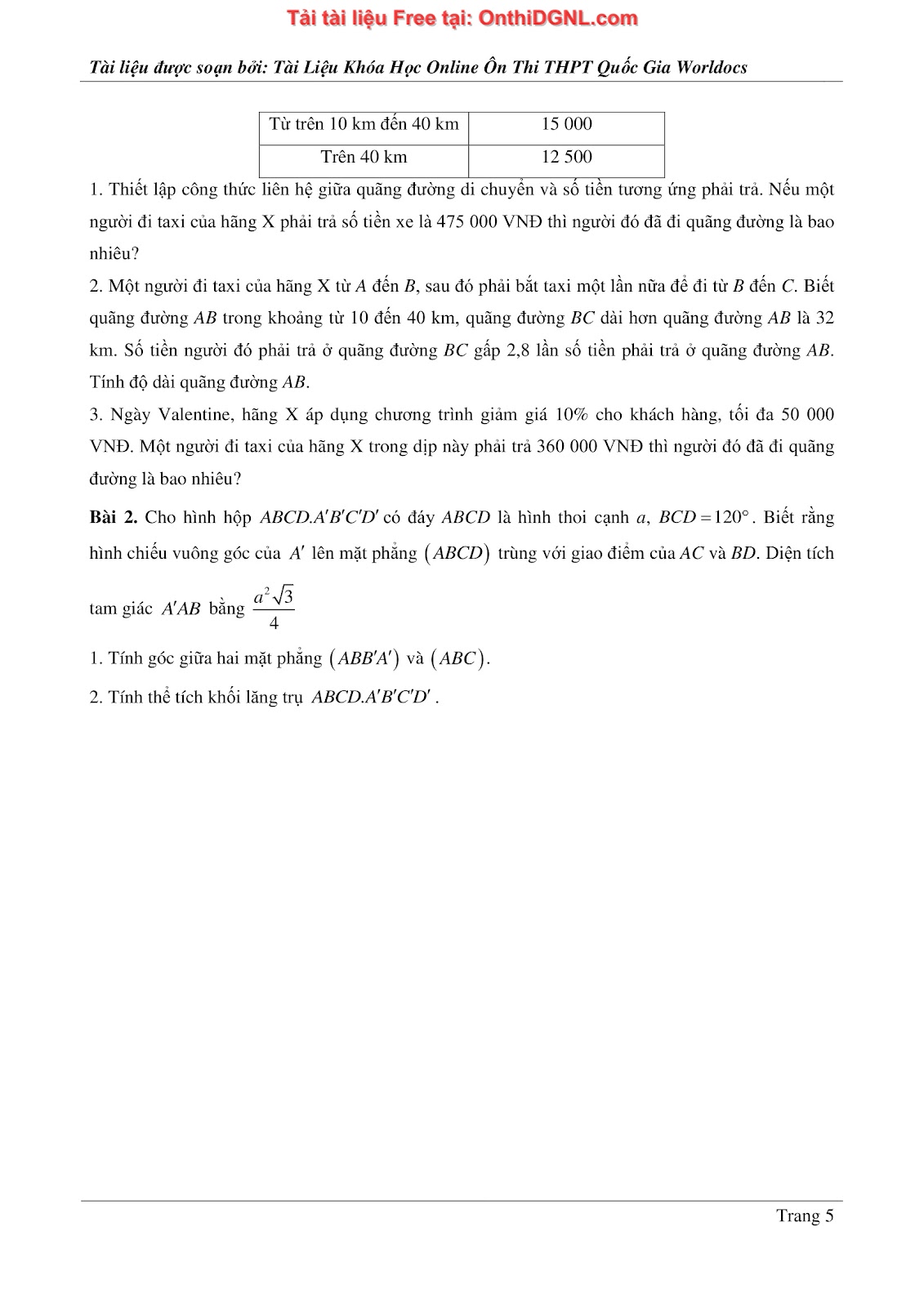 475 bài tập môn Toán - Ôn thi ĐGTD ĐH Bách Khoa Hà Nội