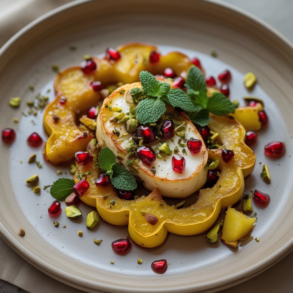 Final Sheet Pan Pomegranate-Glazed Halloumi & Delicata Squash with Pistachio-Mint Gremolata