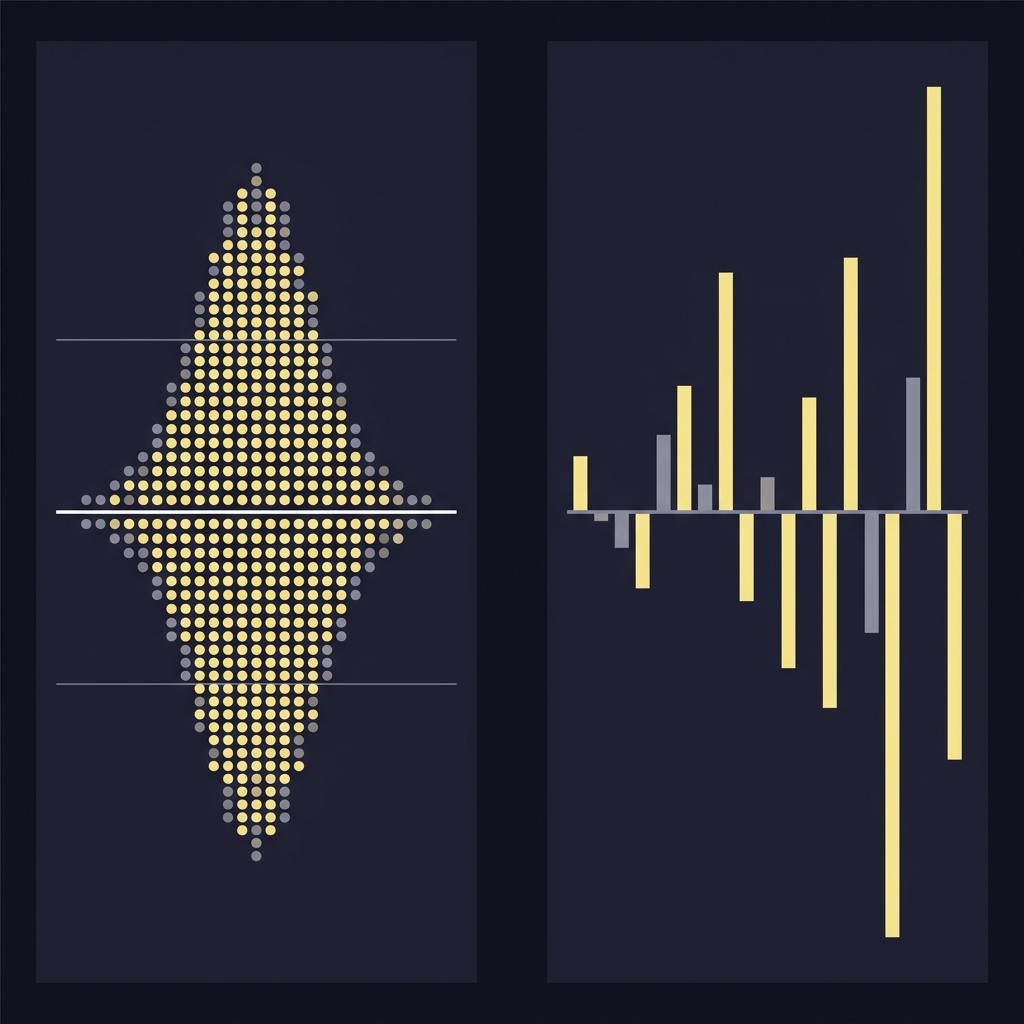 Minimalist 2D vector infographic showing How Three-Point Variance Affects College Basketball with a narrow long term distribution on the left and wide single game swings on the right in Funded Plays brand colors