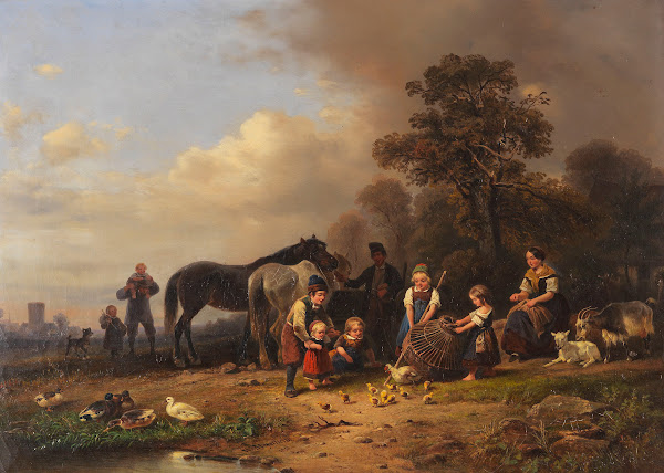 Ländliches Vergnügen Bauernfamilie bei einem Korbe mit jungen Hühnchen 1851