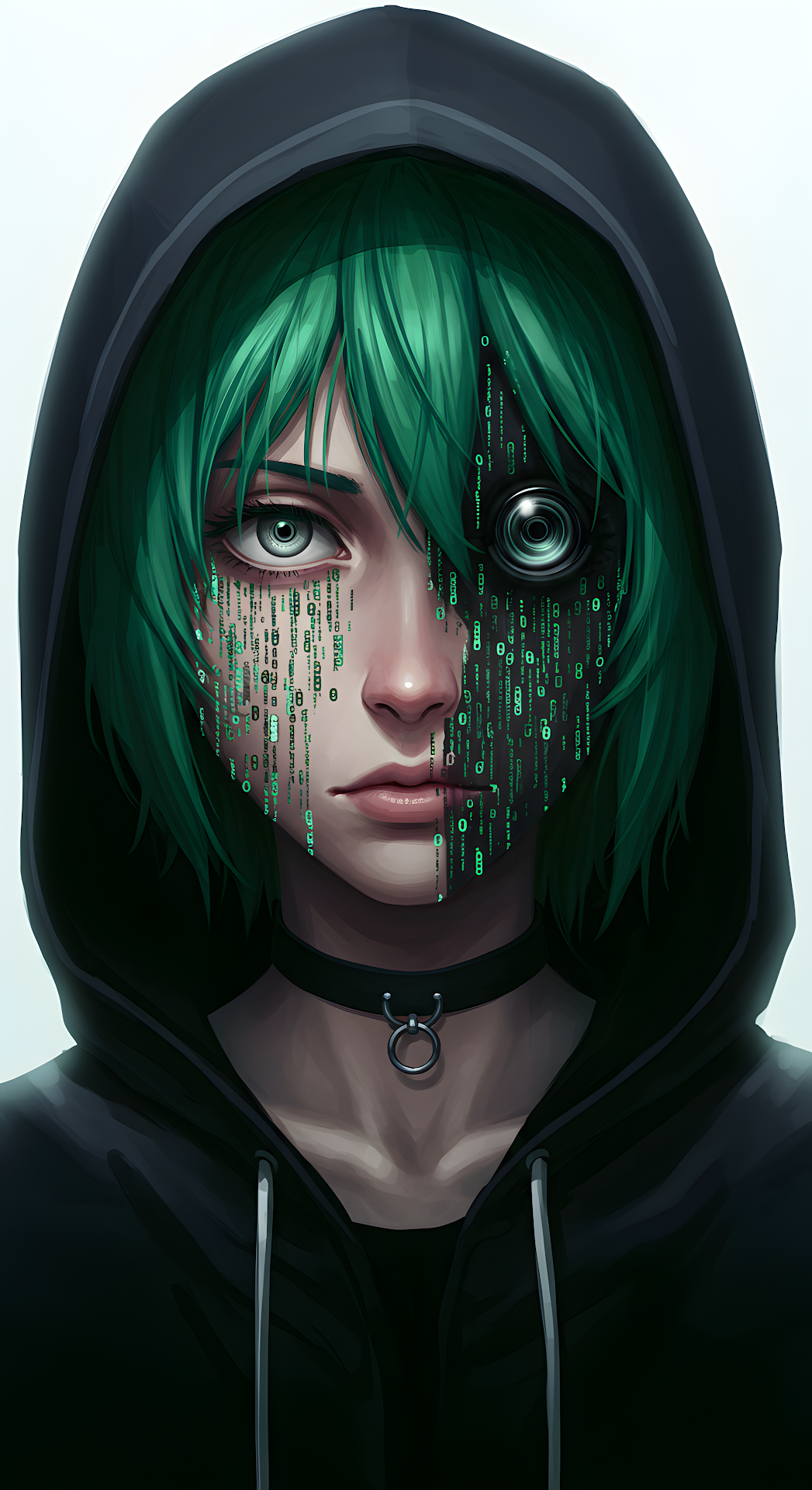 Cybernetic Hacker Portrait with Green Matrix Code - Free 4K mobile Wallpaper