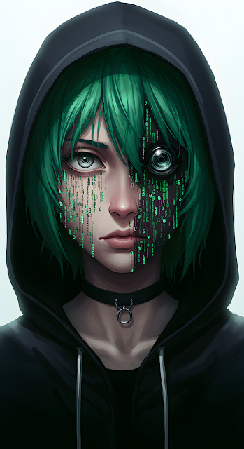 Cybernetic Hacker Portrait with Green Matrix Code