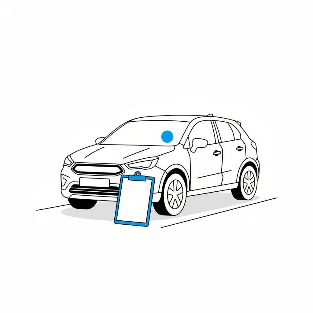 Minimal 2D vector of a generic compact SUV at a dealership with a blue accented clipboard leaning on the bumper illustrating what year of Subaru to stay away from