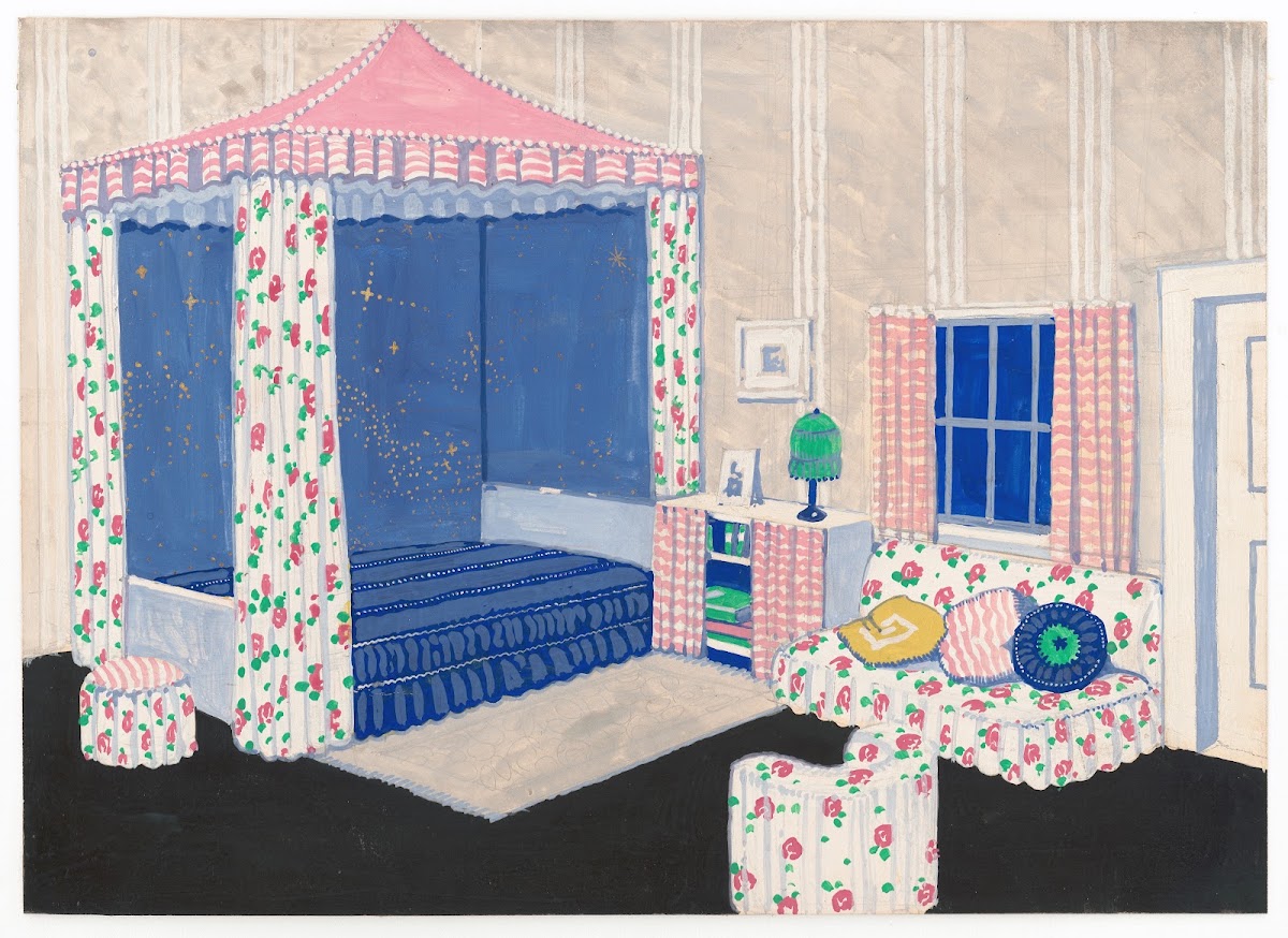 Design for unidentified bedroom with canopy bed Interior perspective elevation 1
