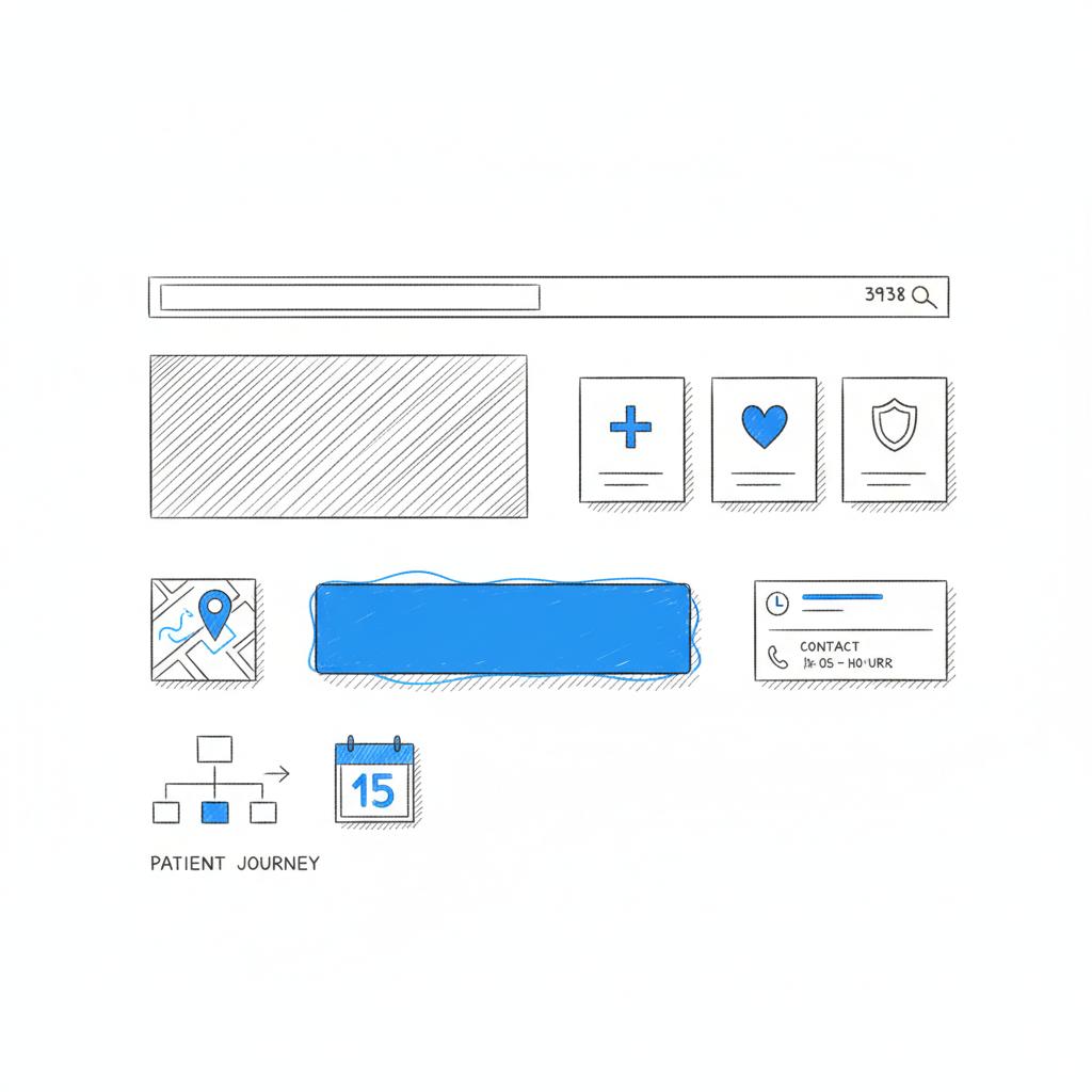 Hand-sketched 2D vector clinic wireframe with service blocks, appointment CTA and map snippet &mdash; Are doctors allowed to advertise themselves?