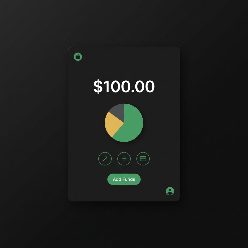 Close up digital wallet UI showing a $100 balance and a small pie chart on a dark background invest $100 in crypto