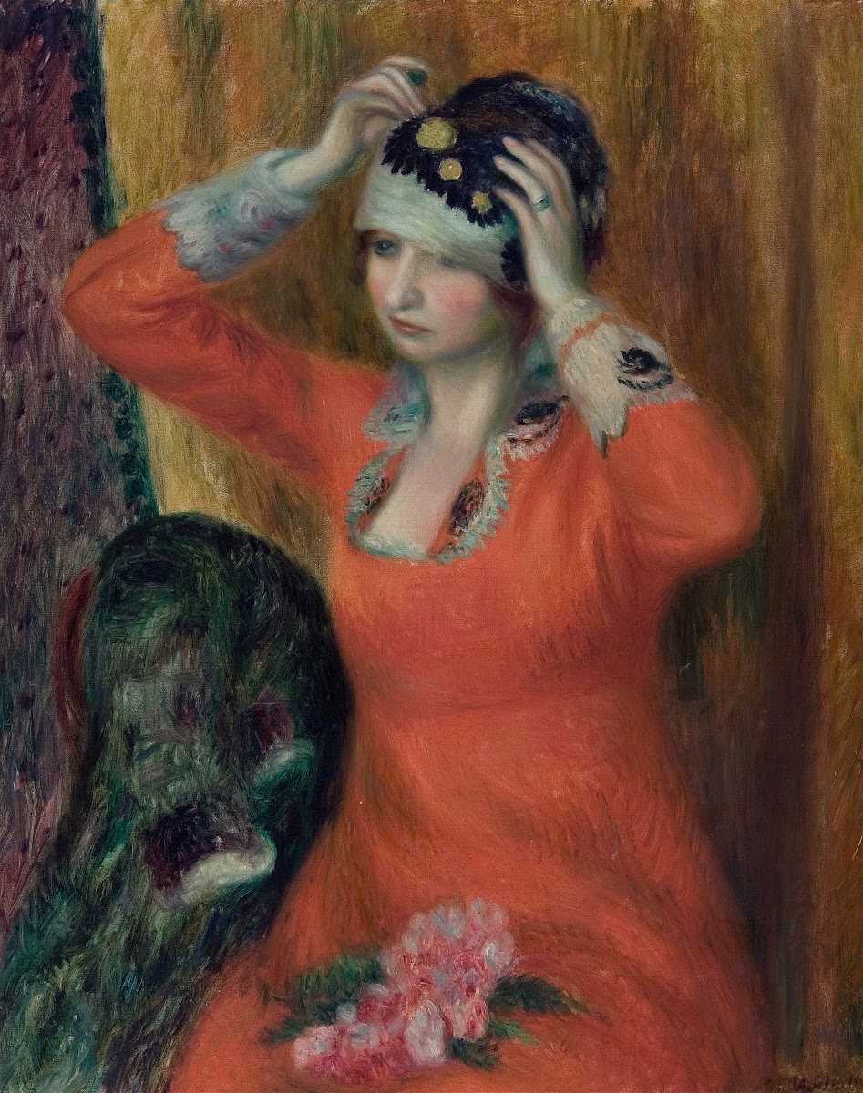 Girl in Red Dress Pinning on Hat c 19151916
