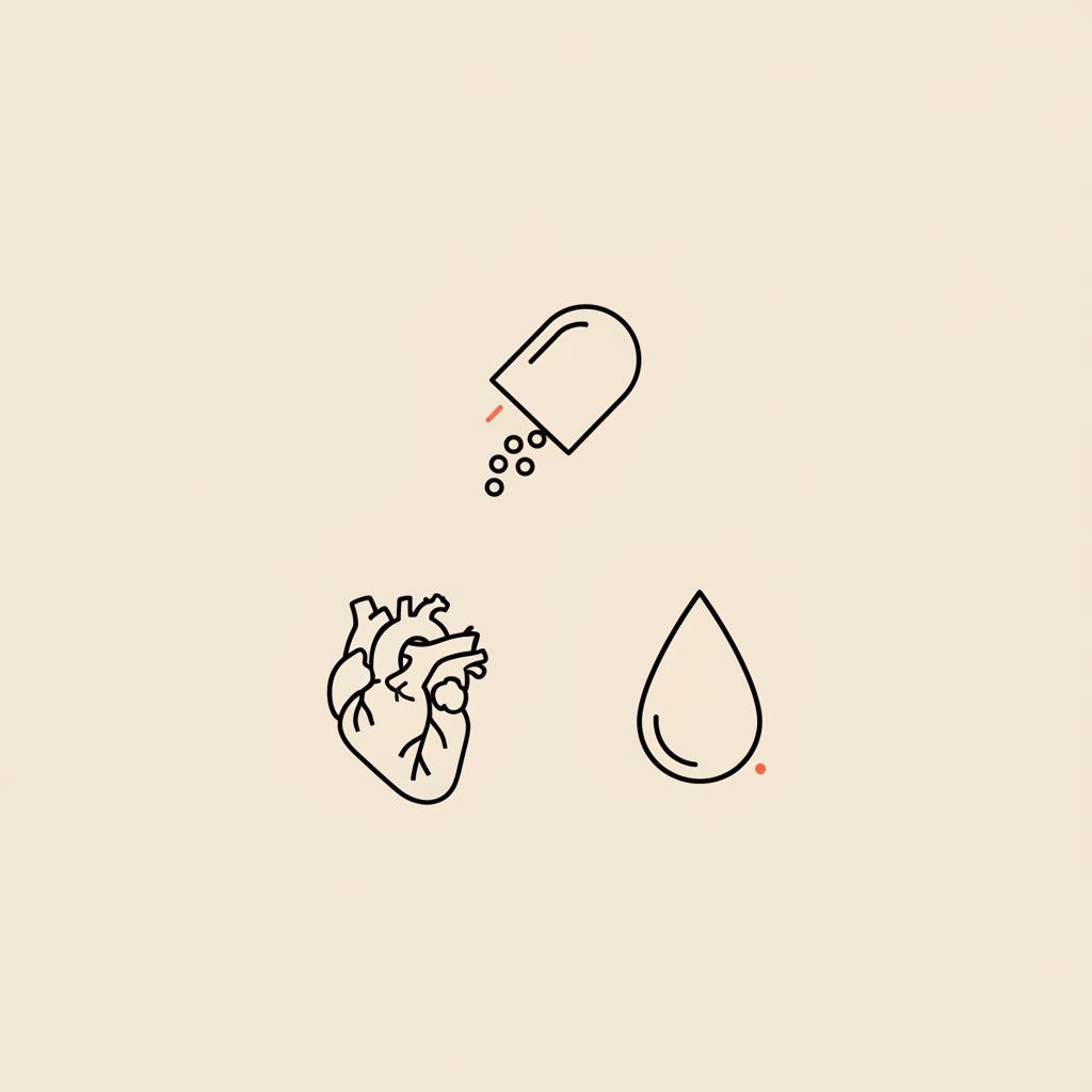 Minimal Tonum-style line illustration of a capsule, stylized heart, and droplet on beige background representing taurine side effects