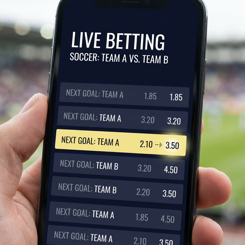 Close up mobile screen showing live betting odds and a sudden highlighted drift visualizing betting line movement on a neutral stadium background